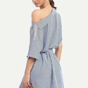 Blue Striped One Shoulder Tie Waist Dress